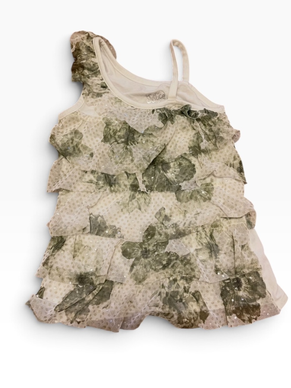 Y2k Vintage Layered Ruffle Top. One shoulder Green floral